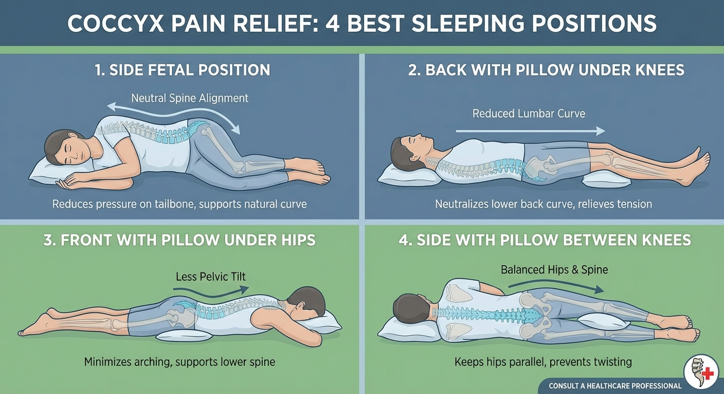 Infographic of best sleeping positions for coccyx pain relief