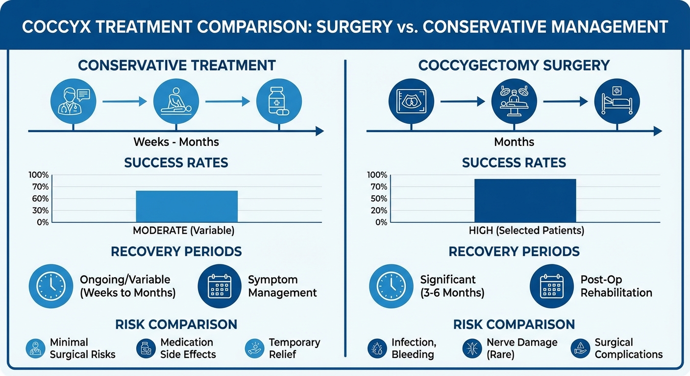 Infographic comparing coccygectomy surgery versus conservative treatment