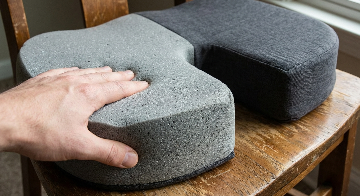 Memory foam U-shaped coccyx cushion close-up showing cutout and foam density