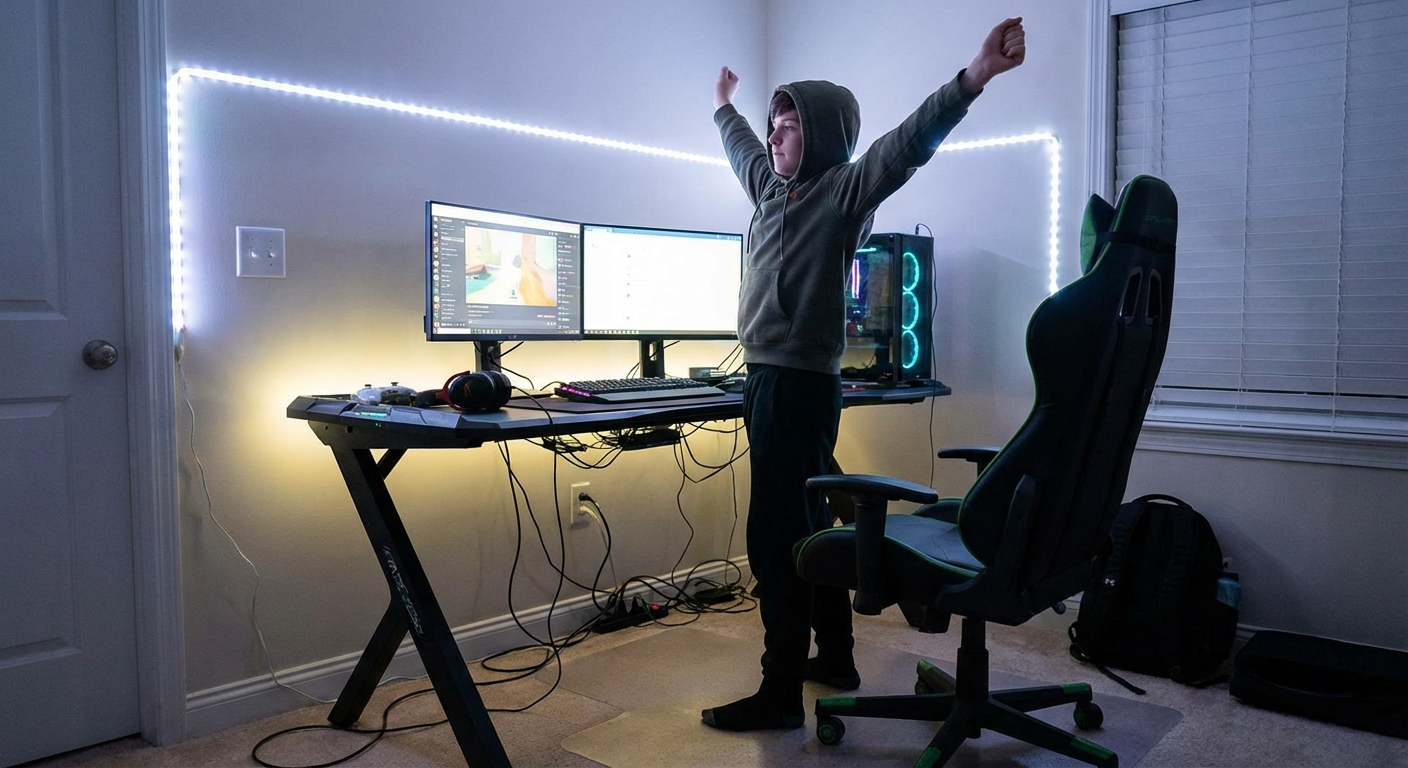 Gamer taking movement break standing and stretching at gaming station