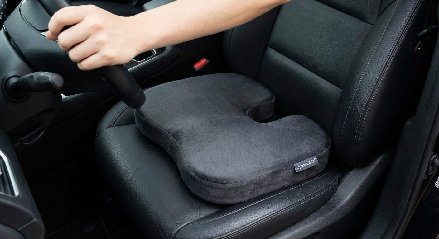Coccyx cushion with U-shaped cutout placed on a car driver seat, showing correct positioning against the seat back