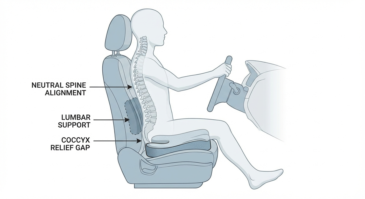 Correct posture diagram showing coccyx cushion placement in car seat with lumbar support