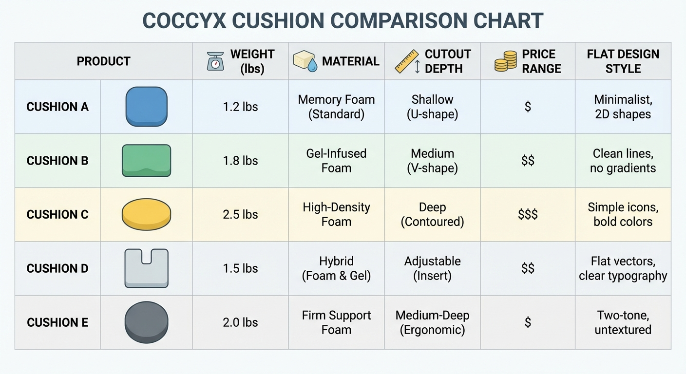 Coccyx cushion comparison chart — weight, material, cutout depth for 5 top picks
