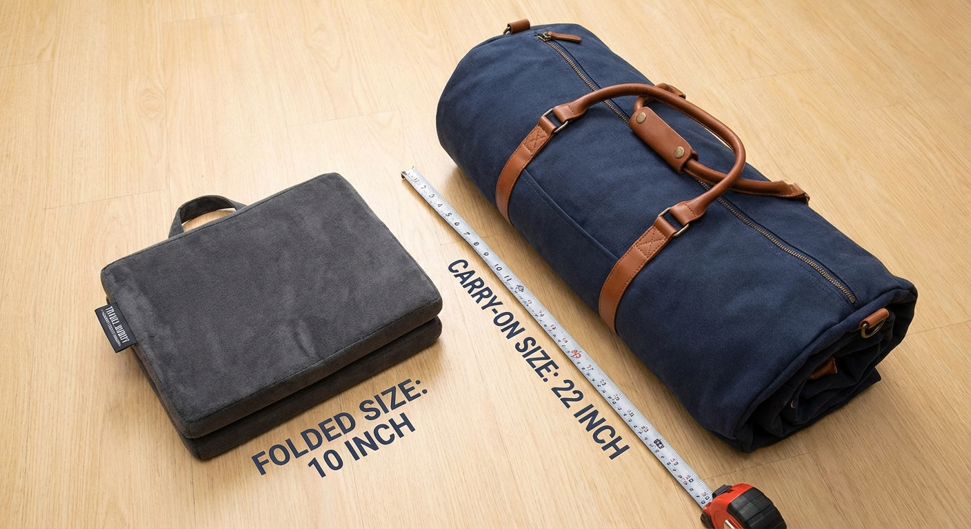 Portable coccyx cushion beside carry-on luggage — travel size comparison