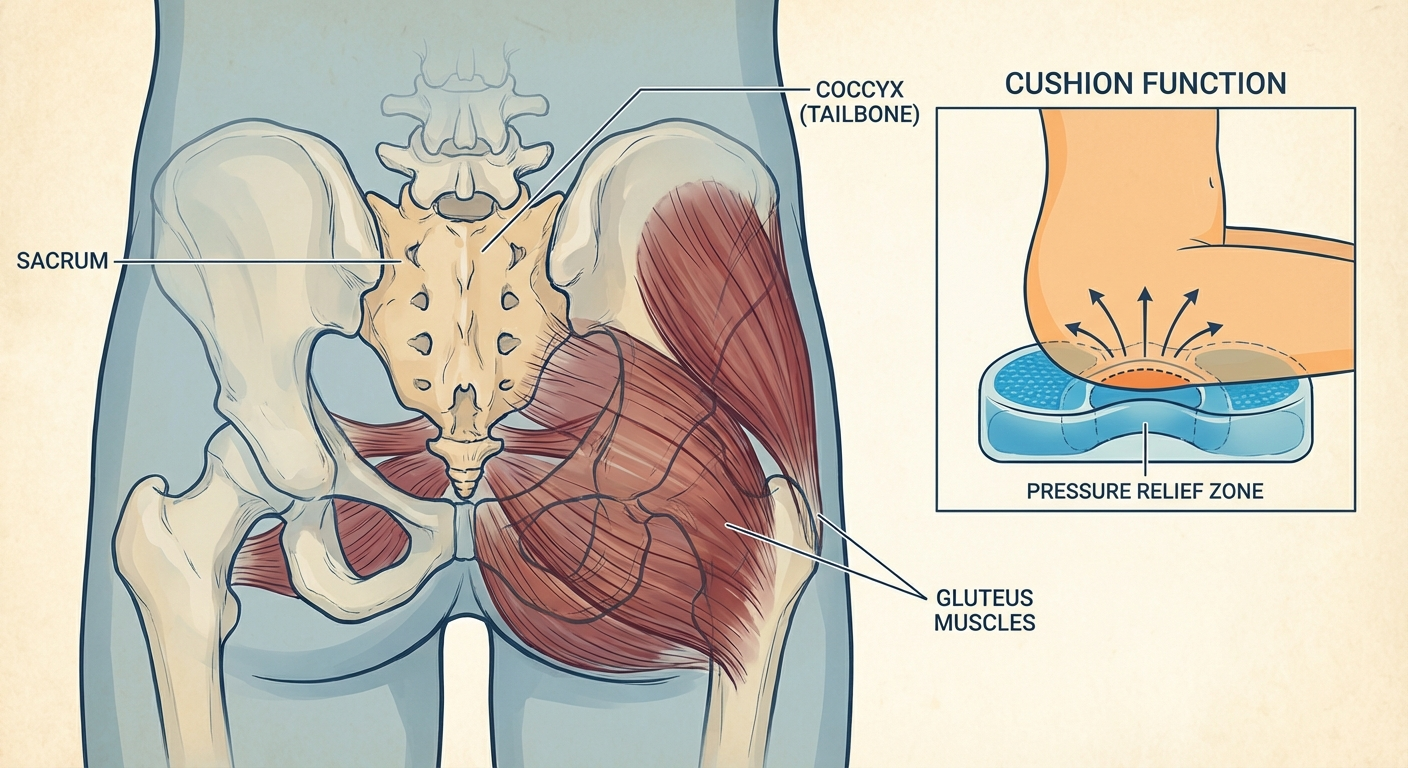 Tailbone anatomy diagram showing coccyx location and how cushion cutout relieves pressure