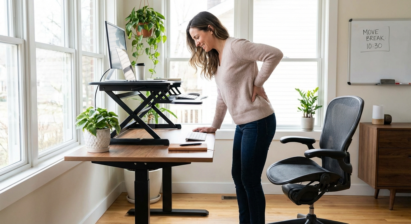 Woman standing up from desk to relieve coccyx pain from prolonged sitting