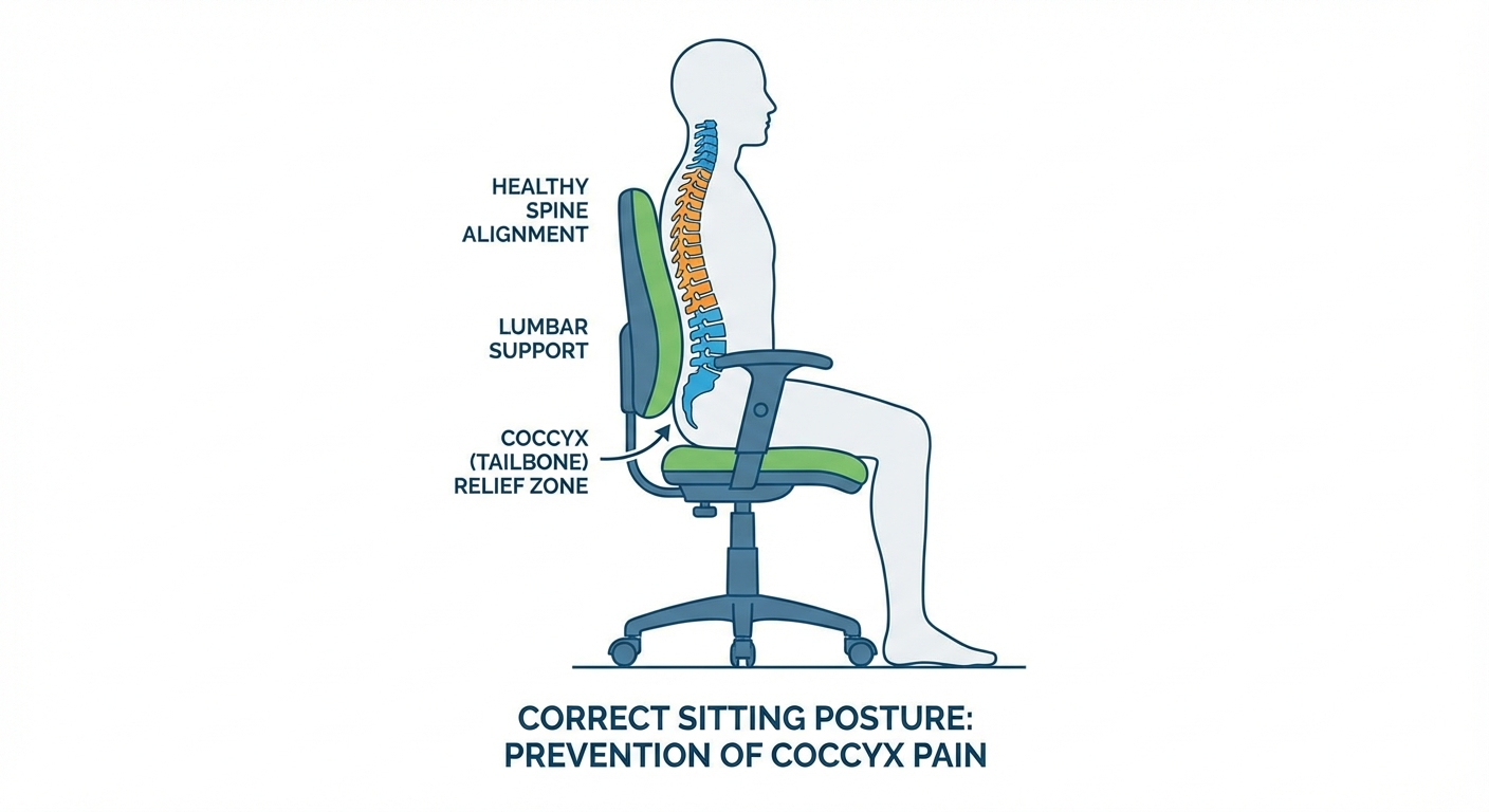 Correct sitting posture to prevent coccyx pain — diagram showing spine alignment