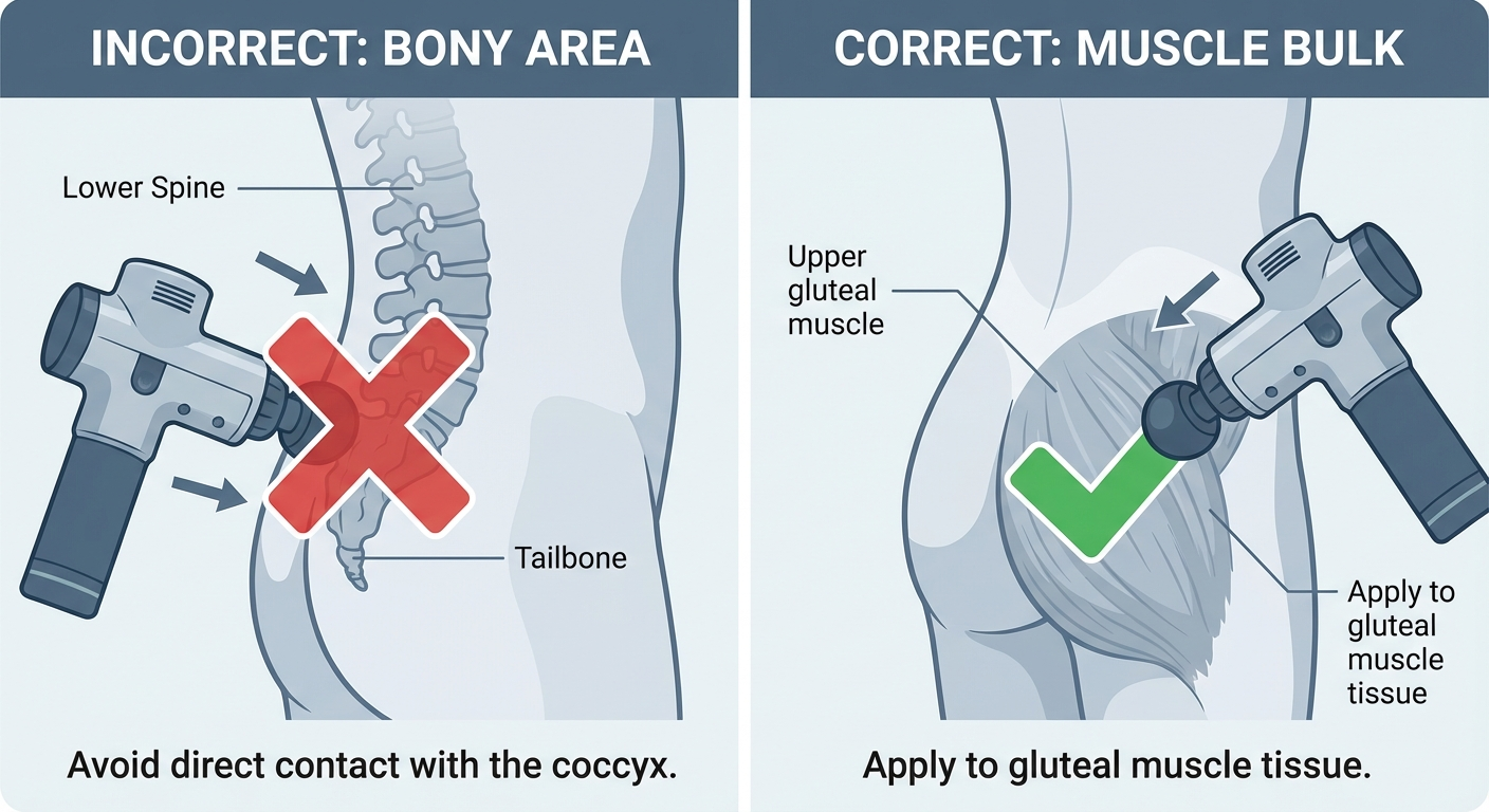 Illustration showing a percussive massager being incorrectly applied to the bony coccyx with a red X, versus correct application to gluteal muscle bulk with a green tick