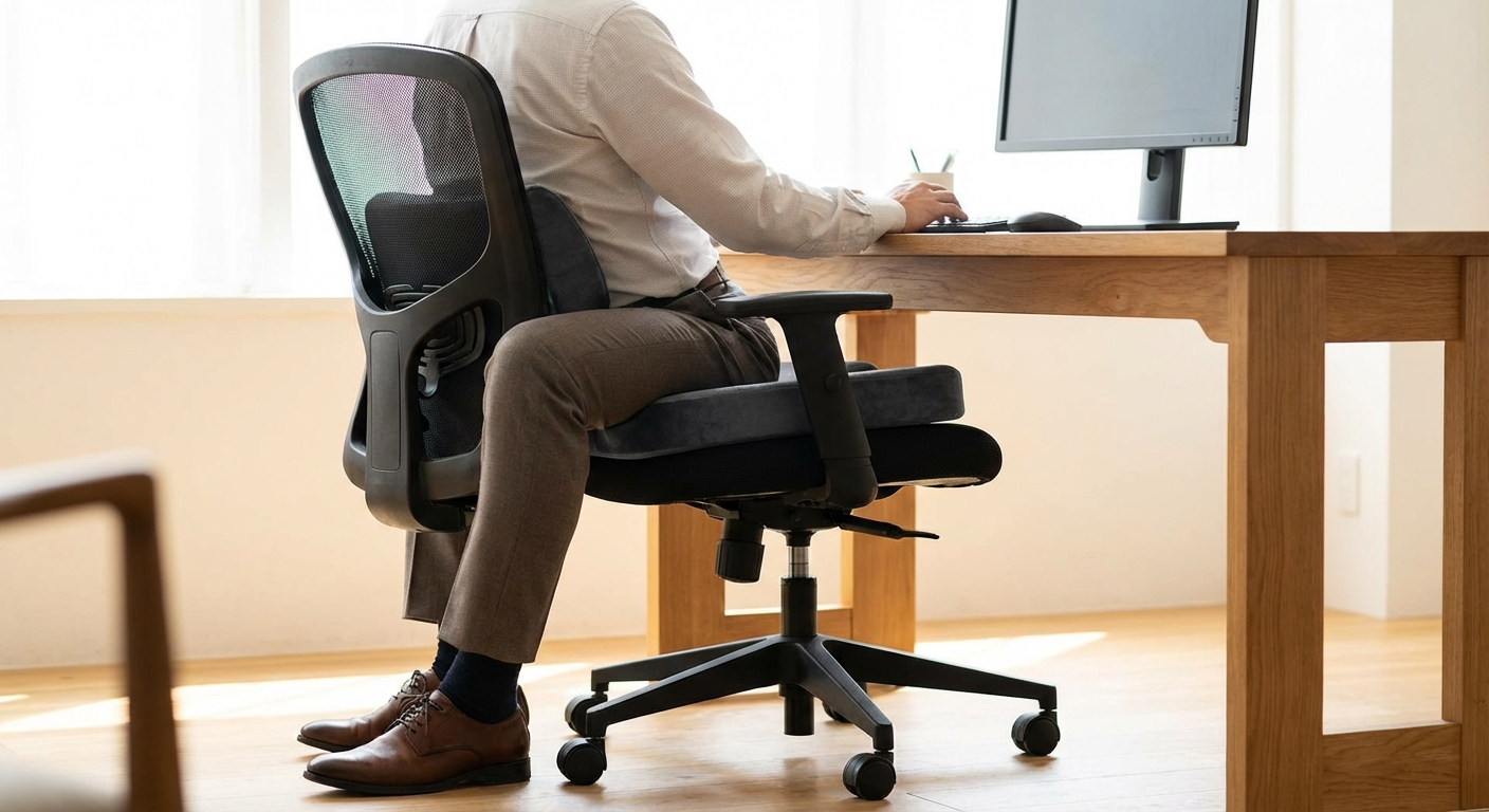 Ergonomic office chair with coccyx cushion for long sitting sessions
