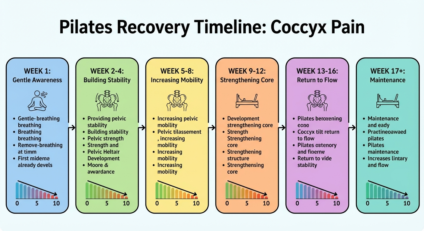 Coccyx pain recovery timeline with Pilates — week by week progress guide