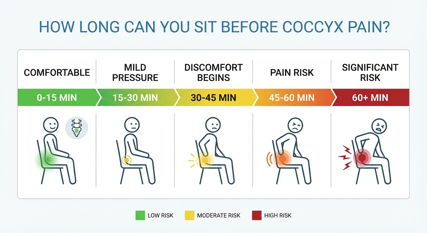 How long you can sit before coccyx pain: infographic showing recommended breaks by activity