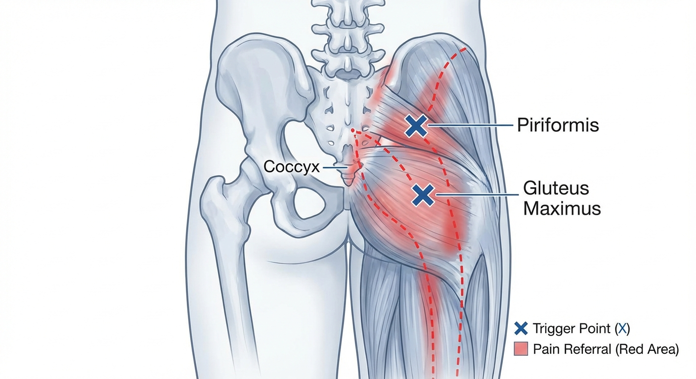 Diagram showing piriformis and gluteus maximus trigger point locations with coccyx pain referral patterns marked in red